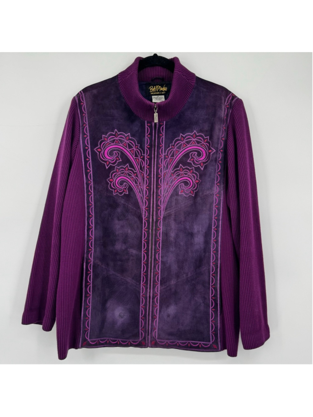 Bob Mackie Embroidered Purple Suede Leather & Knit Jacket 1X